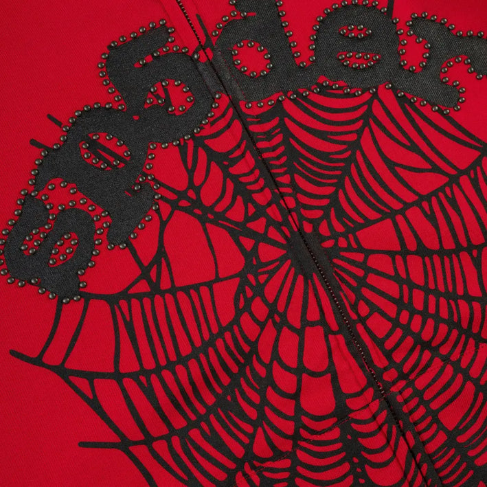 Sp5der OG Web Studded Zip Hoodie "Red"