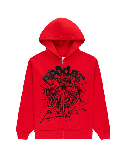 Sp5der OG Web Studded Zip Hoodie "Red"