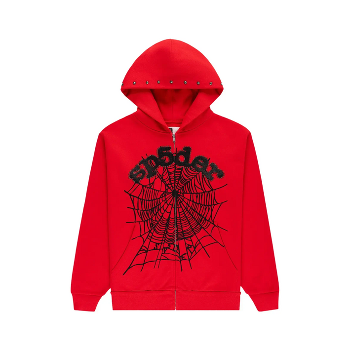 Sp5der OG Web Studded Zip Hoodie "Red"